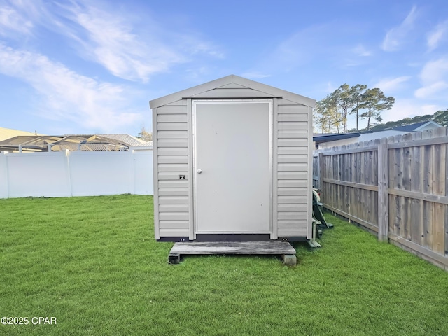 view of shed with a fenced backyard