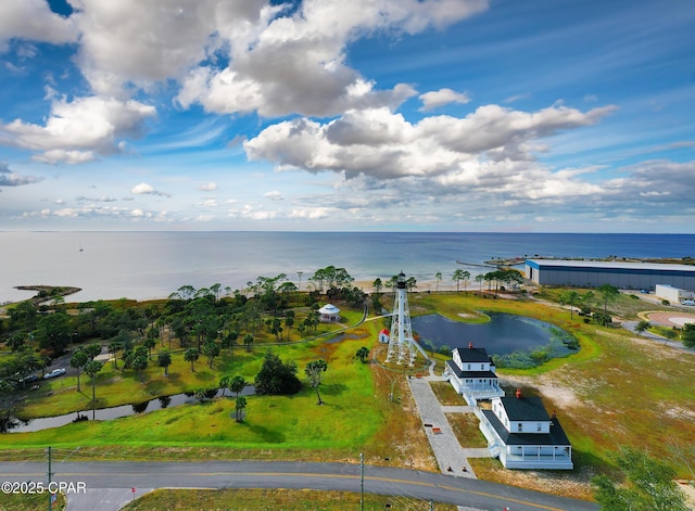 drone / aerial view with a water view