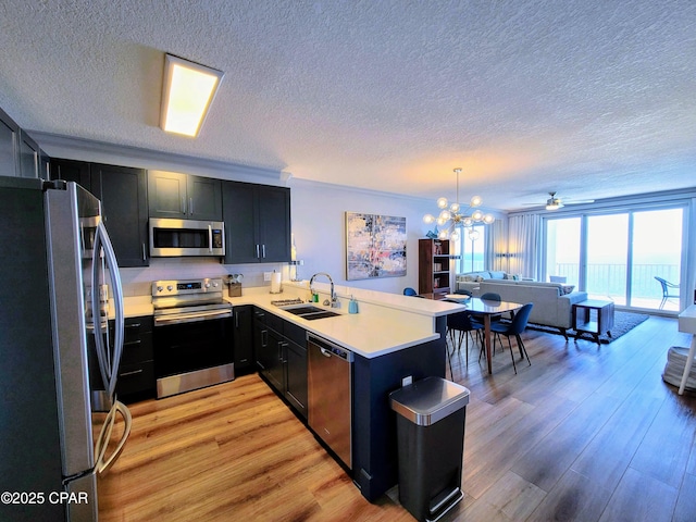 kitchen with light wood-style flooring, stainless steel appliances, a peninsula, a sink, and open floor plan