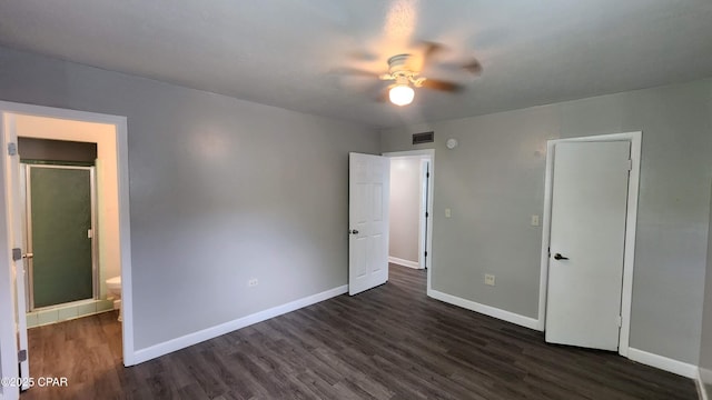 unfurnished bedroom with visible vents, ceiling fan, baseboards, dark wood finished floors, and ensuite bathroom