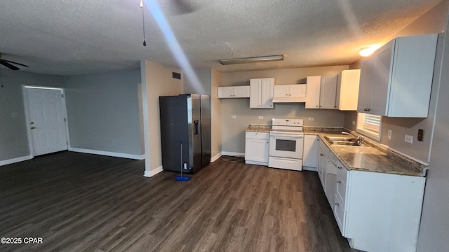 kitchen featuring dark wood-style floors, a ceiling fan, electric range, white cabinets, and stainless steel refrigerator with ice dispenser