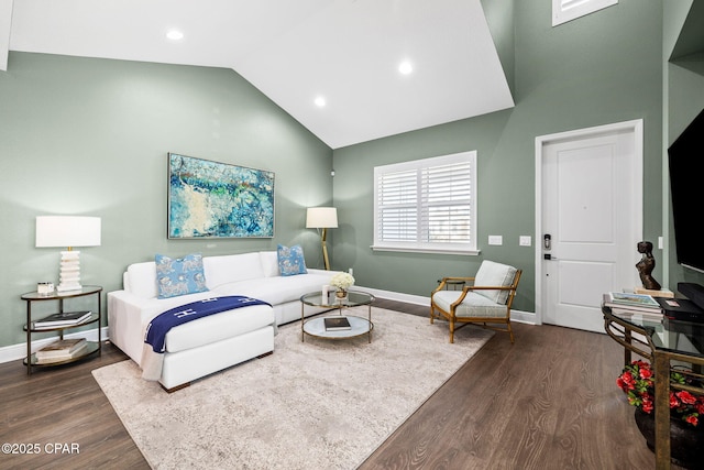 living room with baseboards, recessed lighting, dark wood-style flooring, and high vaulted ceiling
