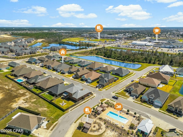 aerial view featuring a water view and a residential view