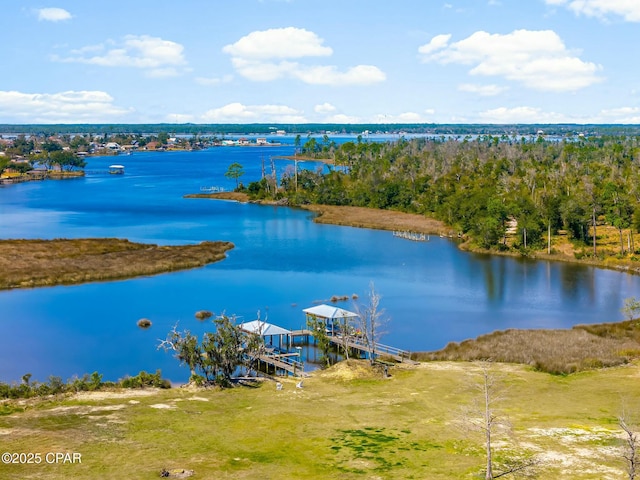 drone / aerial view featuring a water view