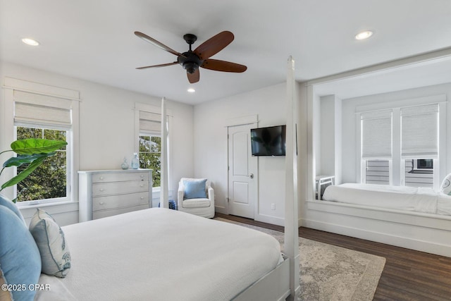 bedroom with recessed lighting, baseboards, wood finished floors, and a ceiling fan