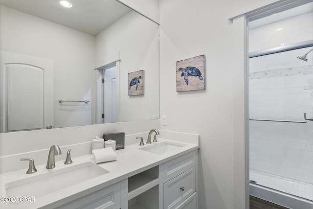 bathroom featuring a sink, a shower stall, and double vanity