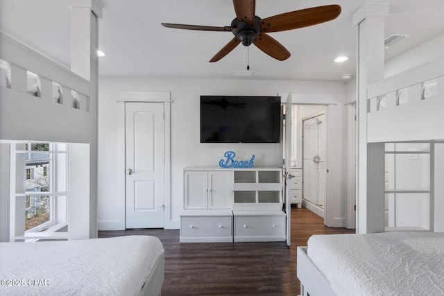 bedroom with recessed lighting, ceiling fan, and dark wood-style flooring