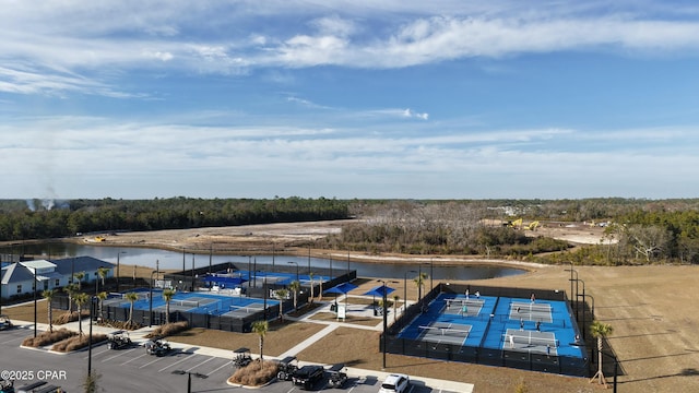 drone / aerial view with a water view