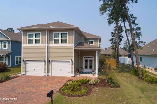 146 Bayou Manor Rd, Santa Rosa Beach, FL 32459 - view of front of house featuring a front yard, french doors, fence, decorative driveway, and a garage