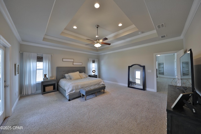 146 Bayou Manor Rd, Santa Rosa Beach, FL 32459 - bedroom with carpet floors, a tray ceiling, visible vents, and crown molding