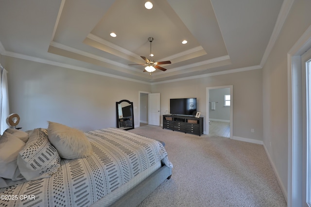 146 Bayou Manor Rd, Santa Rosa Beach, FL 32459 - carpeted bedroom with a tray ceiling, crown molding, a ceiling fan, baseboards, and recessed lighting
