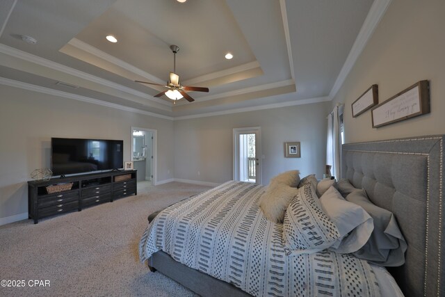 146 Bayou Manor Rd, Santa Rosa Beach, FL 32459 - bedroom featuring carpet flooring, a raised ceiling, baseboards, visible vents, and ornamental molding