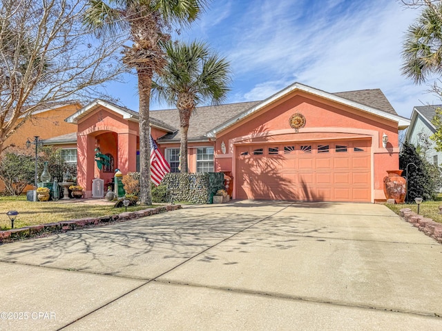 ranch-style house featuring driveway, roof with shingles, a garage, and stucco siding