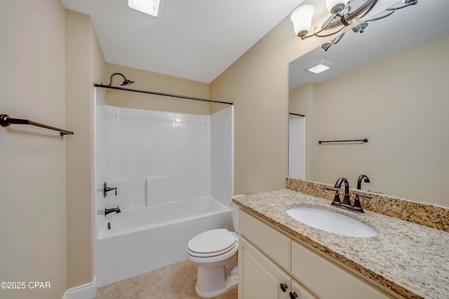 full bathroom featuring vanity, toilet, visible vents, tile patterned flooring, and  shower combination