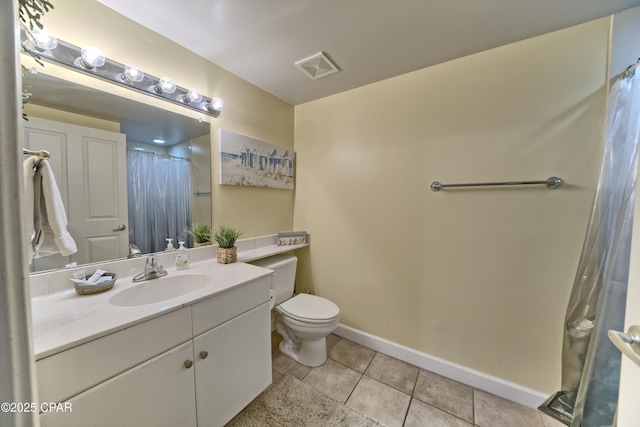 full bath featuring visible vents, baseboards, toilet, tile patterned floors, and vanity