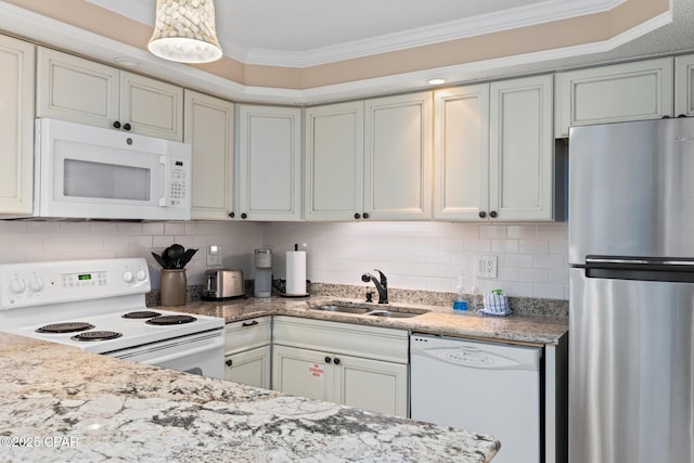 kitchen featuring crown molding, decorative backsplash, a sink, light stone countertops, and white appliances