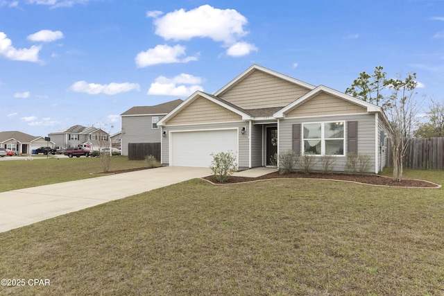 ranch-style home with a garage, concrete driveway, a front lawn, and fence