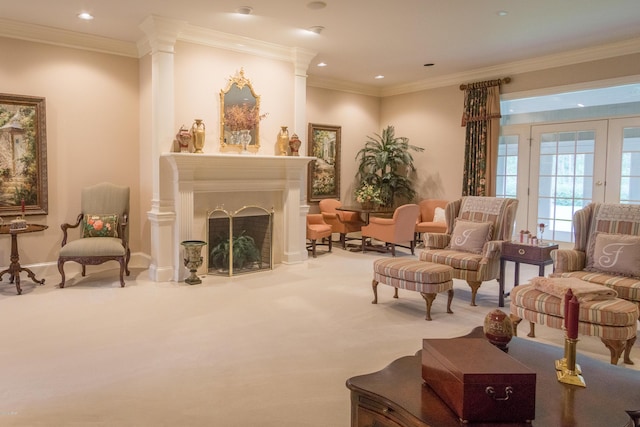 sitting room featuring recessed lighting, a fireplace, carpet, and ornamental molding