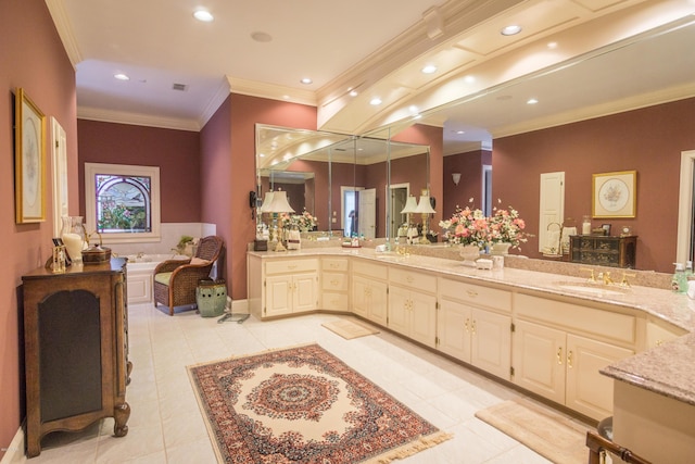 full bath with vanity, a garden tub, recessed lighting, ornamental molding, and tile patterned floors