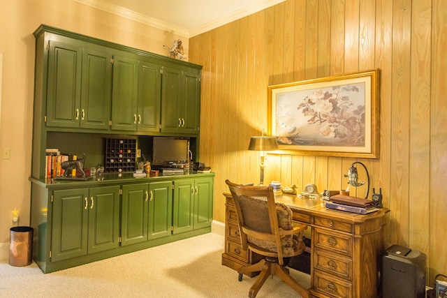 home office featuring light carpet, wooden walls, and ornamental molding