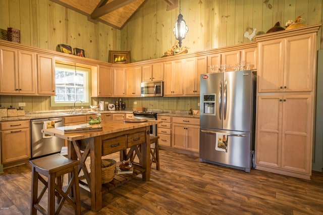 kitchen featuring pendant lighting, appliances with stainless steel finishes, high vaulted ceiling, and dark wood-type flooring