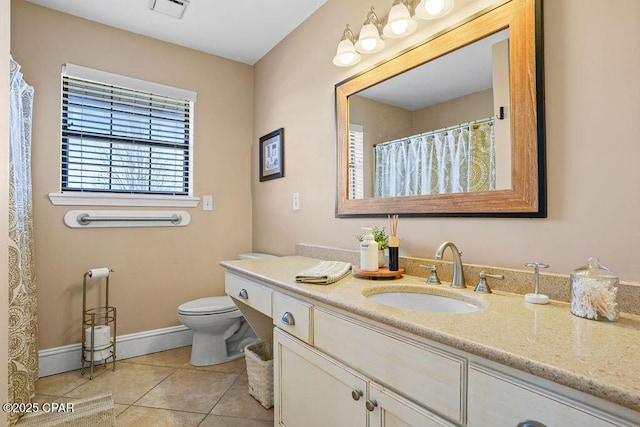 full bath with visible vents, toilet, vanity, tile patterned flooring, and baseboards