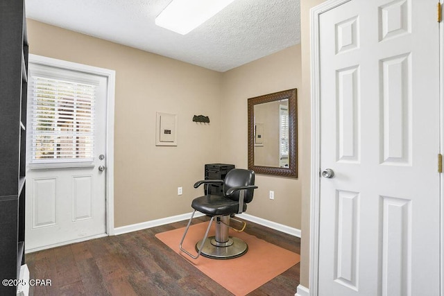 sitting room featuring electric panel, dark wood finished floors, a textured ceiling, and baseboards