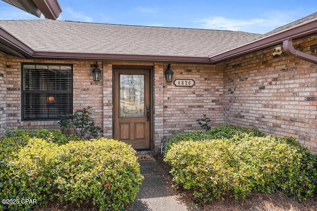 property entrance featuring brick siding and a shingled roof