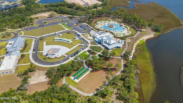 bird's eye view with a water view