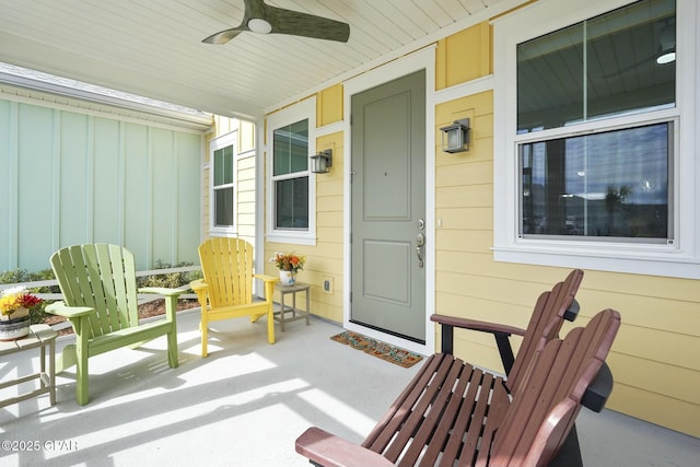 view of patio / terrace featuring ceiling fan and a porch