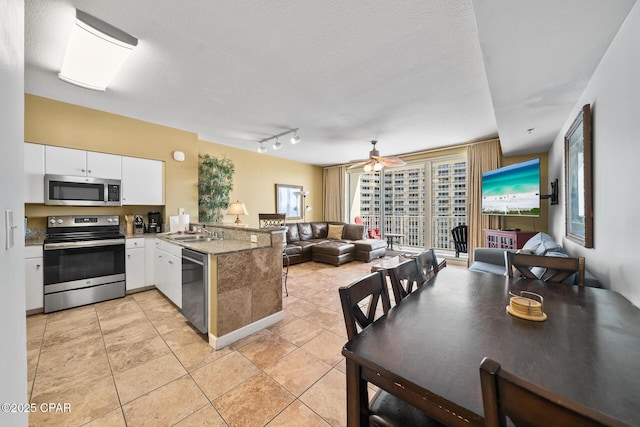 kitchen featuring open floor plan, a peninsula, white cabinets, stainless steel appliances, and a sink