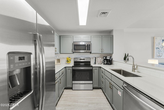 kitchen featuring stainless steel appliances, tasteful backsplash, light countertops, gray cabinetry, and a sink