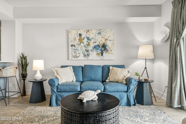 living area featuring baseboards and wood finished floors