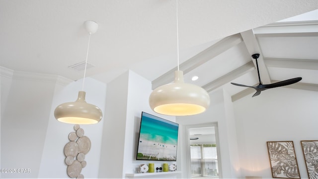 details with ceiling fan, visible vents, and beam ceiling