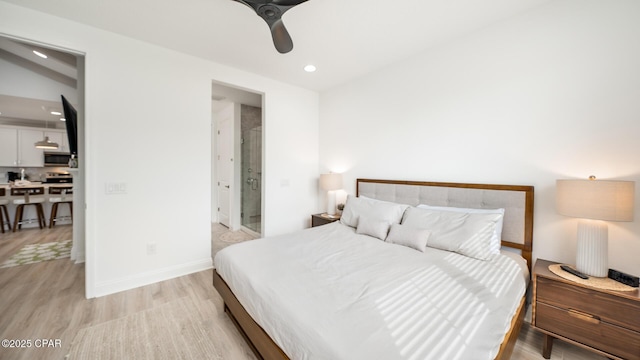 bedroom featuring light wood finished floors, ceiling fan, baseboards, and recessed lighting