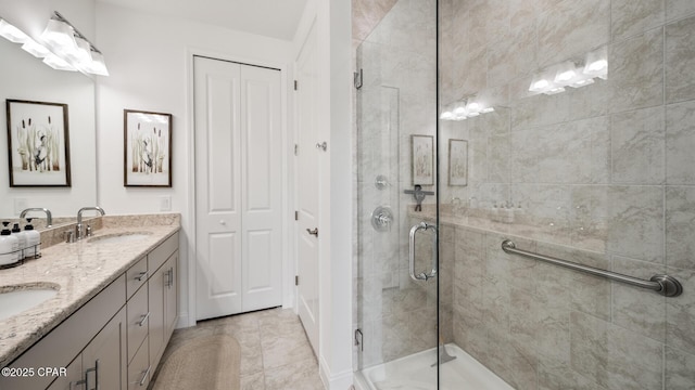 full bath with a stall shower, tile patterned flooring, a sink, and double vanity