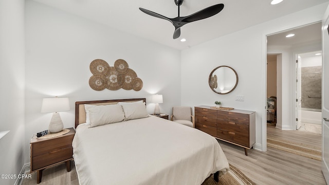 bedroom featuring baseboards, a ceiling fan, light wood-style flooring, and recessed lighting