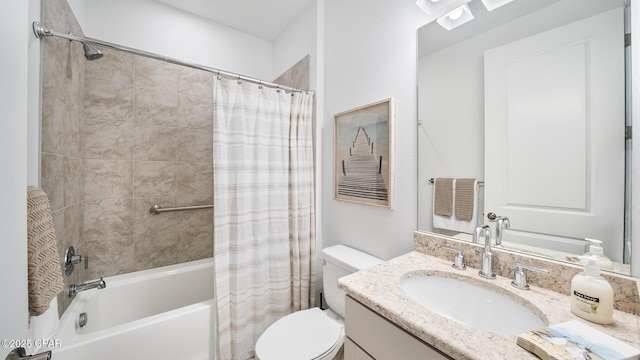 bathroom featuring vanity, toilet, and shower / tub combo with curtain