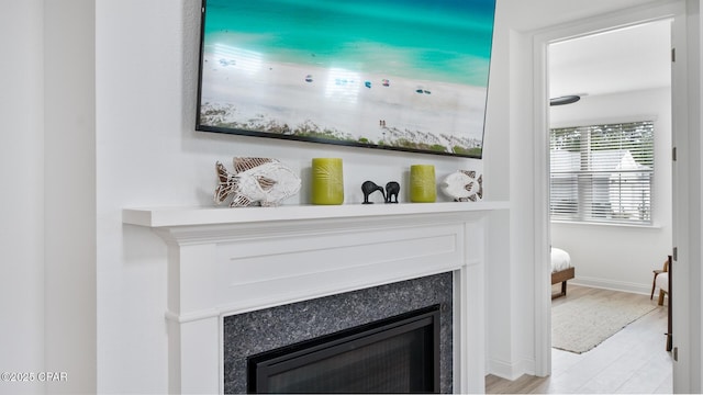 details with a fireplace, wood finished floors, and baseboards