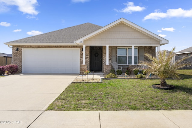 view of front facade featuring a shingled roof, concrete driveway, an attached garage, a front lawn, and brick siding