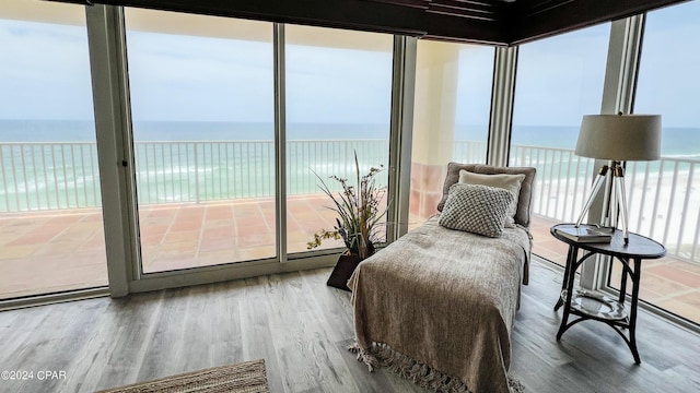 sunroom with a beach view and a water view