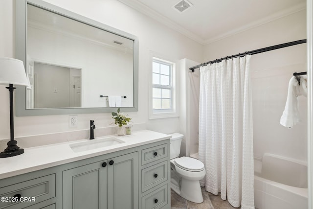 full bath with shower / bath combo, visible vents, toilet, ornamental molding, and vanity