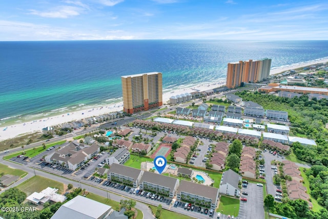 aerial view featuring a beach view and a water view