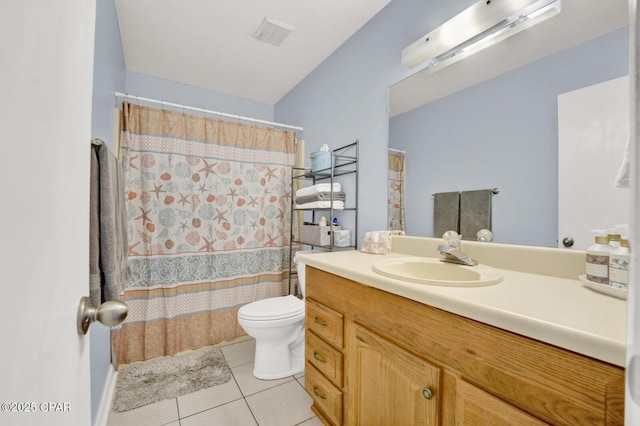 bathroom featuring visible vents, toilet, curtained shower, tile patterned flooring, and vanity