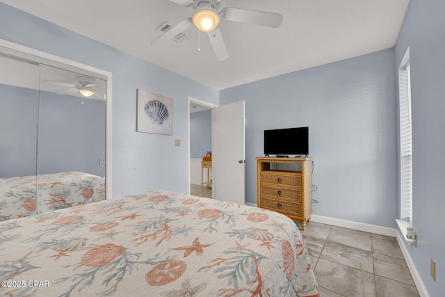 bedroom with a closet, baseboards, visible vents, and ceiling fan