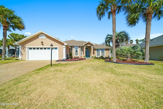 ranch-style home with a garage, driveway, a front lawn, and stucco siding