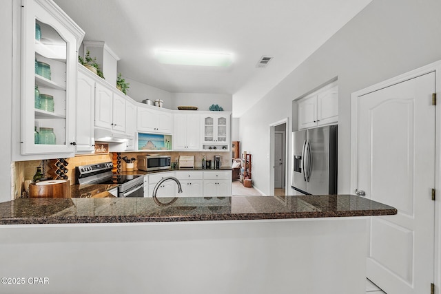 kitchen with stainless steel appliances, backsplash, glass insert cabinets, a peninsula, and under cabinet range hood