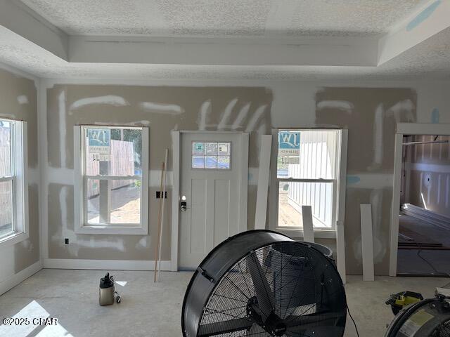 entryway featuring a textured ceiling, a tray ceiling, plenty of natural light, and baseboards