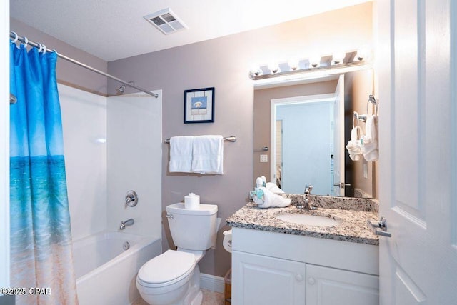 bathroom featuring shower / bath combination with curtain, toilet, vanity, baseboards, and visible vents