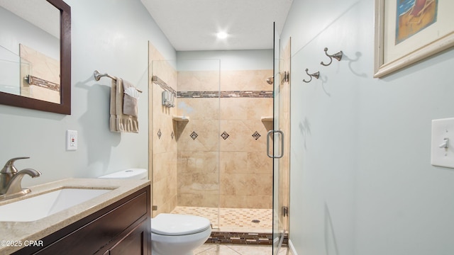 full bathroom with toilet, a stall shower, tile patterned flooring, and vanity